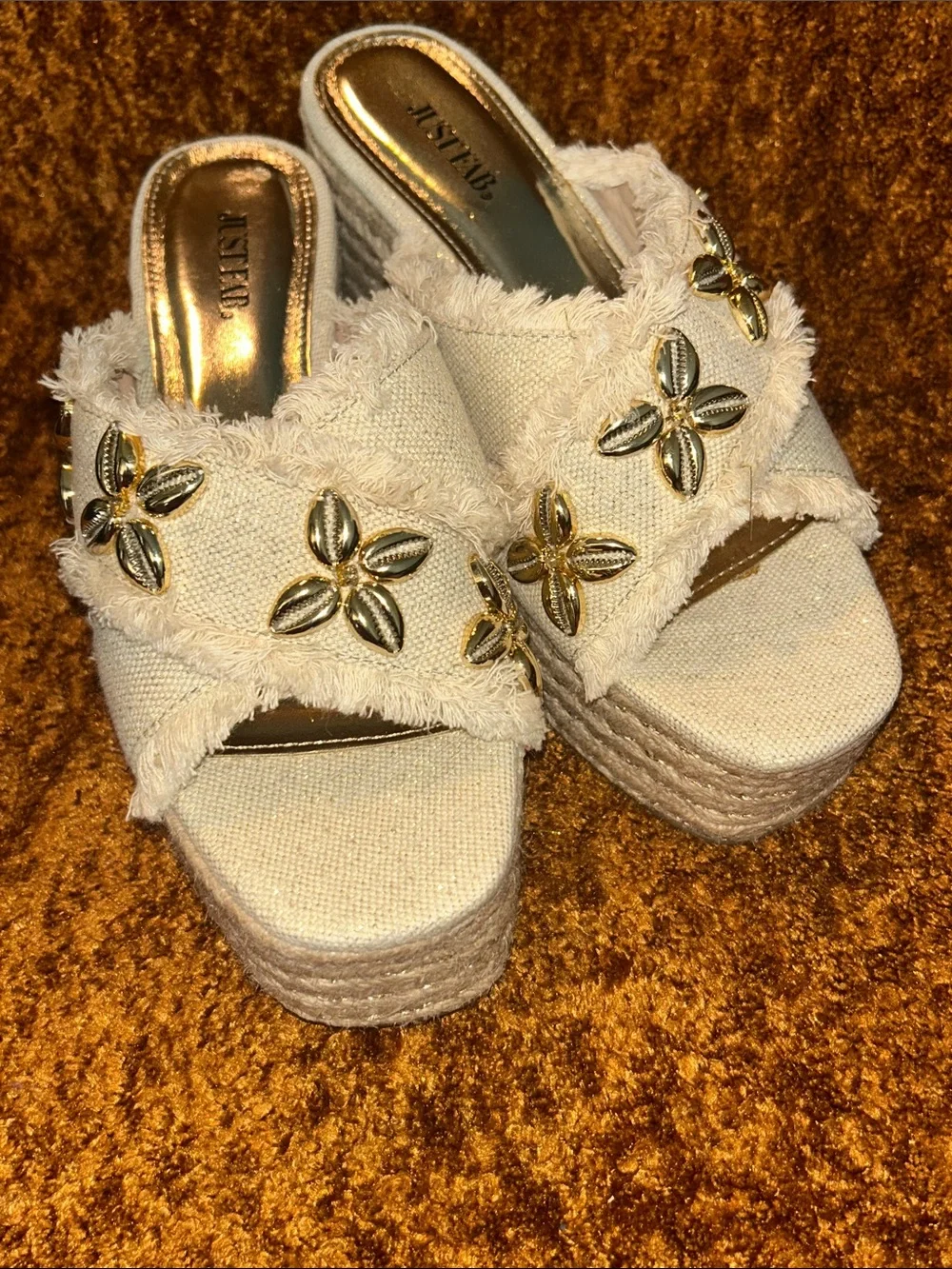 JustFab Cream Frayed Platform Slide Sandals with Gold Floral Accents